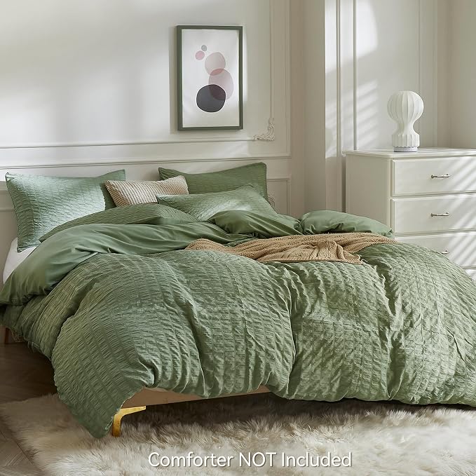 JELLYMONI Dark Green Duvet Cover King Size, Soft Breathable Seersucker Duvet - Image 3