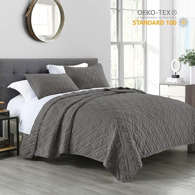 HORIMOTE HOME Quilt Set Queen Size Grey, Classic Geometric Diamond Stitched - Image 2