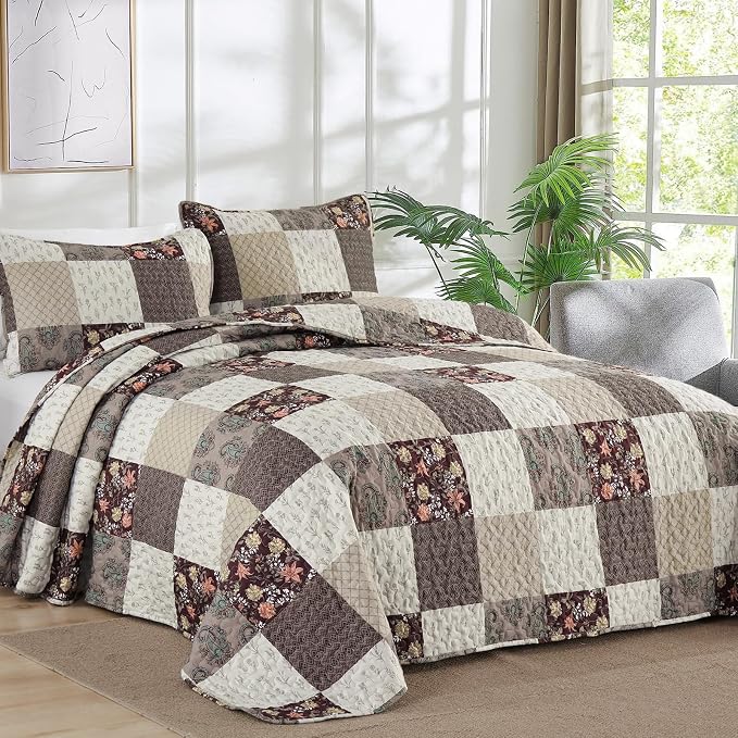 Xruibed Floral Plaid Patchwork Fall Quilt Set King Size 3 Pieces Taupe Beige - Image 2