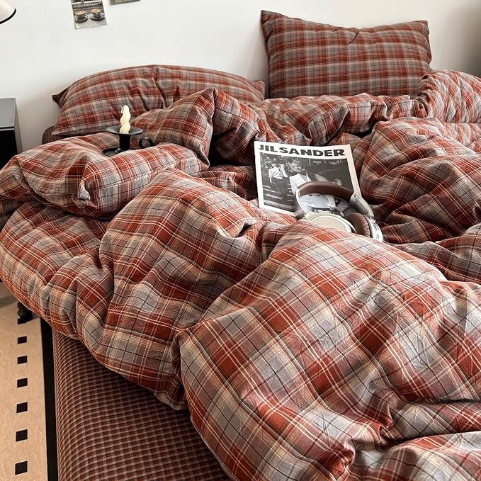 PinkMemory Caramel Blue Gingham Duvet Cover King 100% Washed Cotton Buffalo - Image 5