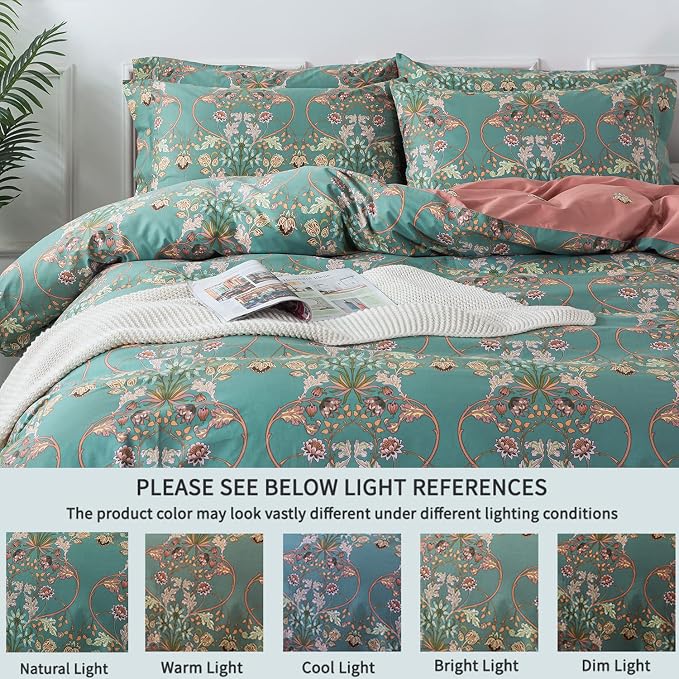FADFAY Floral Duvet Cover Queen Button Closure 100% Cotton 600 TC Teal - Image 6
