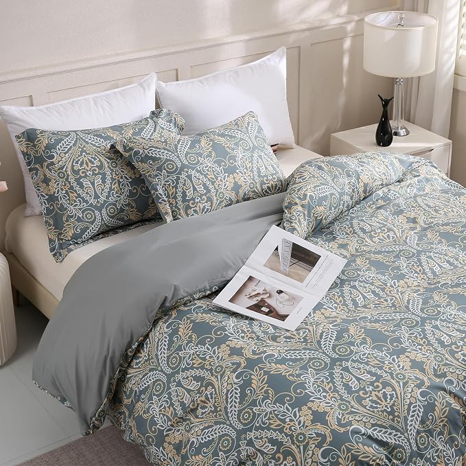 LONAVA King Paisley 3 Pcs Duvet Cover Set, Breathable Soft Microfiber Grey - Image 8