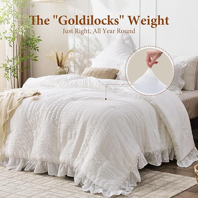 JOLLYVOGUE White Comforter Full Size, 3 Pieces Seersucker Lightweight Full Size - Image 3