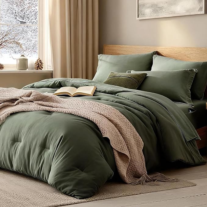 WRENSONGE Super King Plus Comforter Set- 7 Pieces Soft Olive Green Bed in a Bag by WRENSONGE