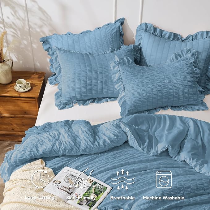 JOLLYVOGUE Full Size Comforter, 3 Pieces Sea Blue Seersucker Lightweight Full - Image 2