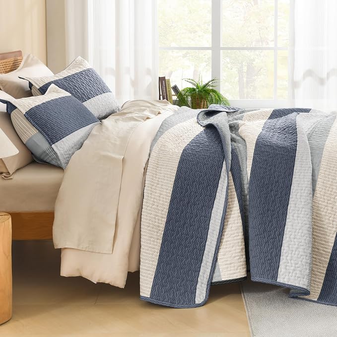 Litanika Quilt Queen Size Blue and Yellow, Stripe Patchwork Summer Bedspread - Image 2