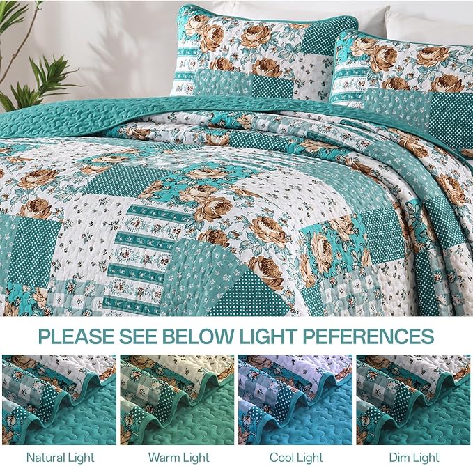 Anibedding Teal Quilt Set King Size Patchwork Floral Bedspread Coverlet - Image 5
