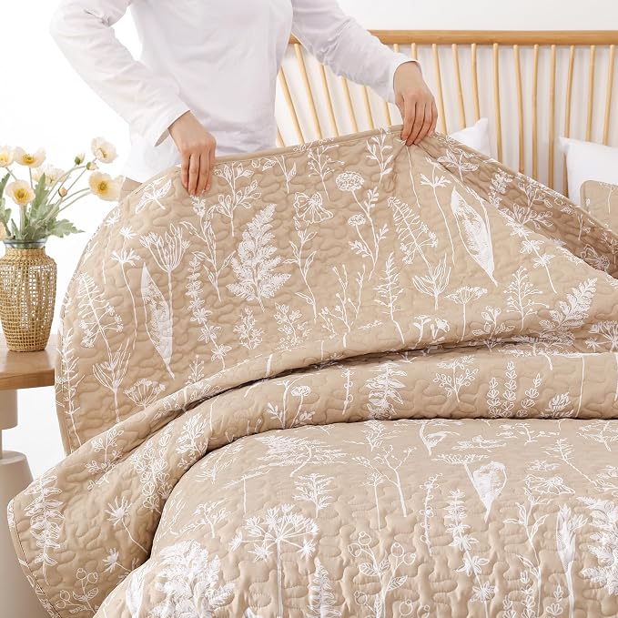 JANZAA Quilts Queen Size Taupe Quilt Botanical - Image 8