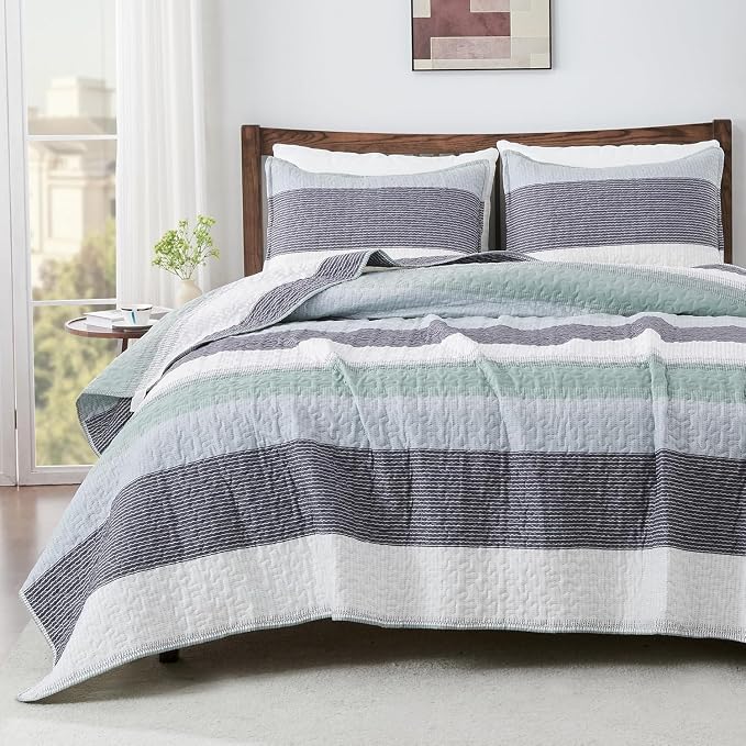 Andency Oversized Queen Quilt Bedding Set, 98x98Inch Sage Green Stripe by Andency