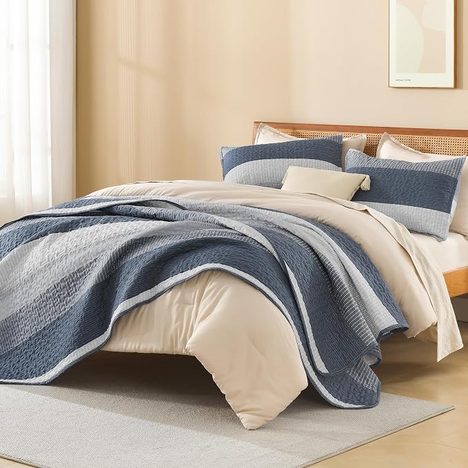 Litanika King Size Quilt Set Navy Blue, Stripe Patchwork Summer Bedspread - Image 4