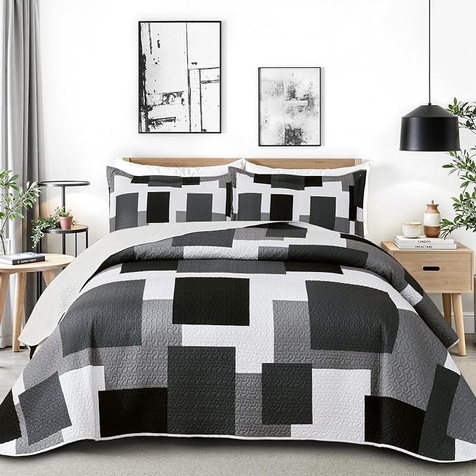 Tyrot 3 Piece Black Grey Quilt Set King Size Black White Gray Geometric by TyrotHomeDecor