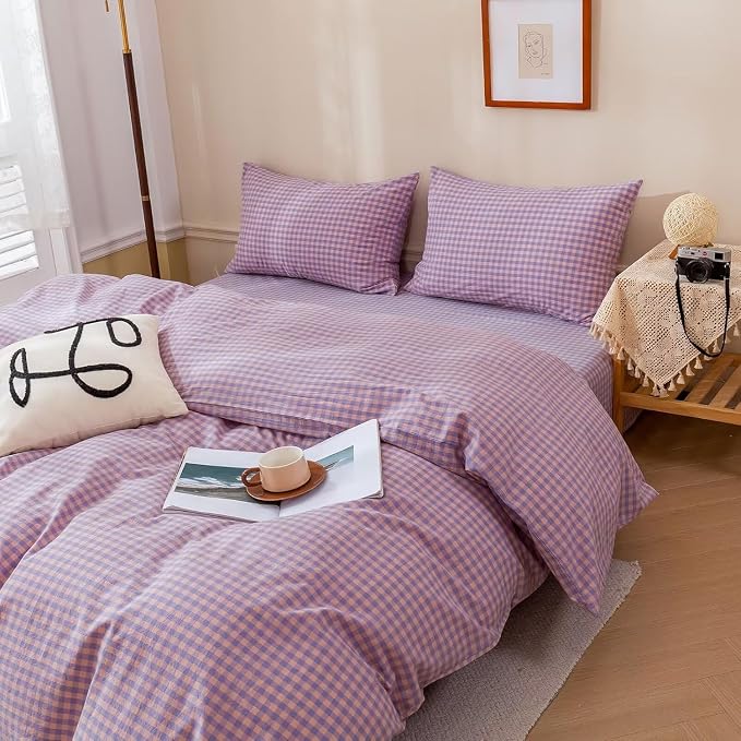 mixinni Purple Gingham Grid Duvet Cover King, 100% Washed Cotton Modern - Image 4