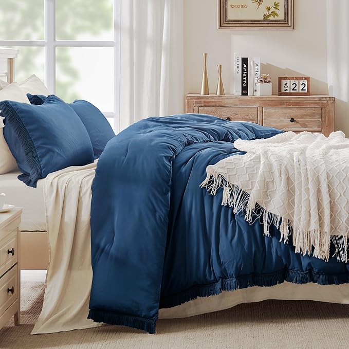 Andency Navy Blue Comforter Set Full Size, 3 Pieces Boho Tassel Lightweight - Image 2