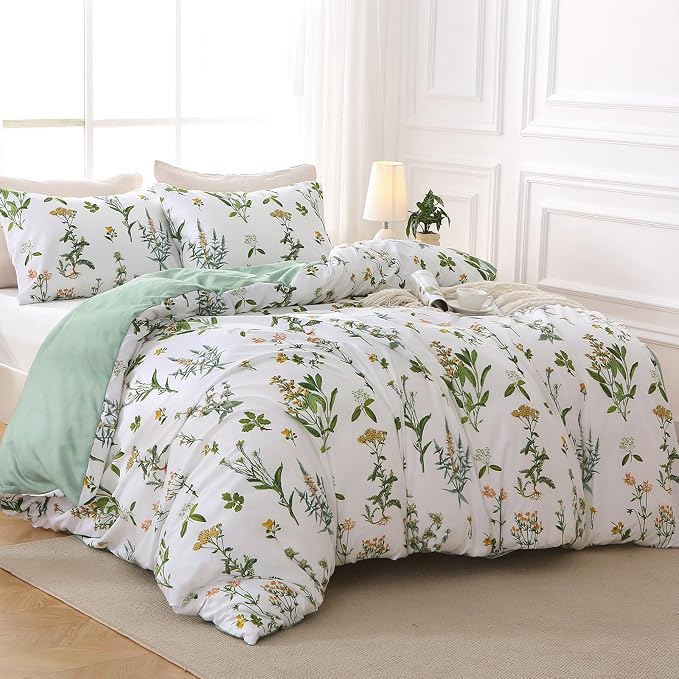 MUXHOMO Duvet Cover Full Size, Reversible Floral Green Duvet Cover Set - Image 3