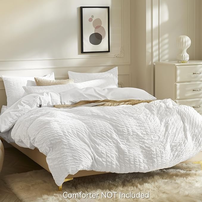 JELLYMONI Bright White Duvet Cover Full Size, Soft Breathable Seersucker Duvet - Image 3