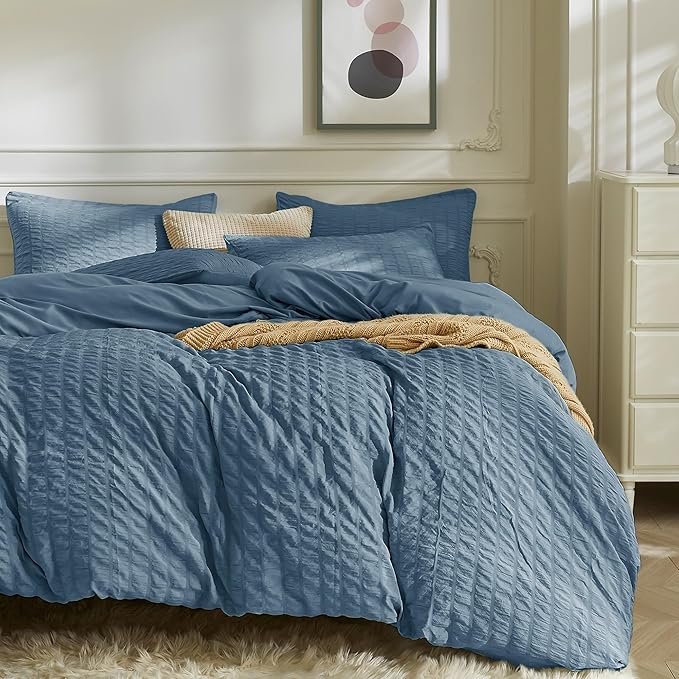 JELLYMONI Sierra Blue Duvet Cover King Size, Soft Breathable Seersucker Duvet by JELLYMONI