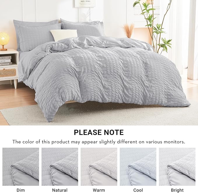 HYMOKEGE Light Grey King Size Comforter Set Seersucker 7 Pieces, All Season - Image 6
