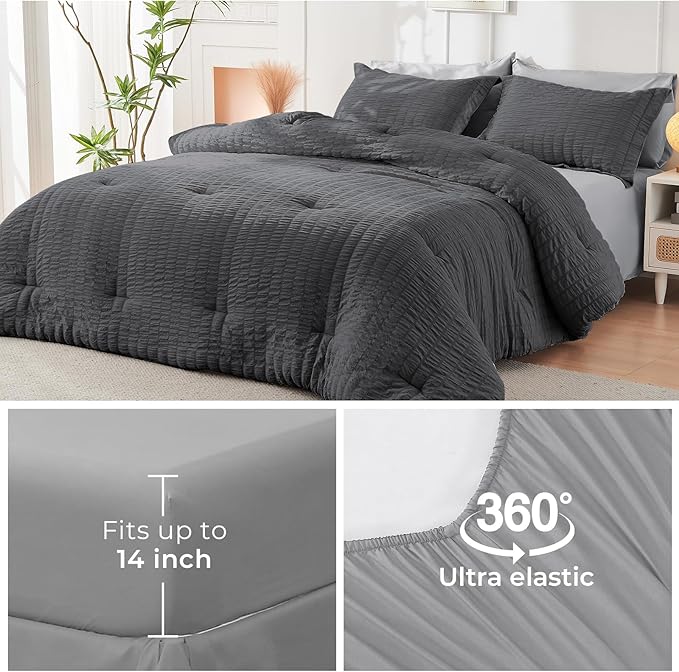 HYMOKEGE Dark Grey/Light Grey Queen Comforter Set Seersucker 7 Pieces, All - Image 6