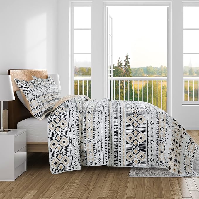 BEDIFANY Boho Quilt King Size Set, Lightweight Bedspread King Size Stripe Boho - Image 3