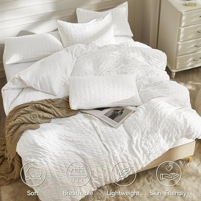 JELLYMONI Bright White Duvet Cover Full Size, Soft Breathable Seersucker Duvet - Image 2