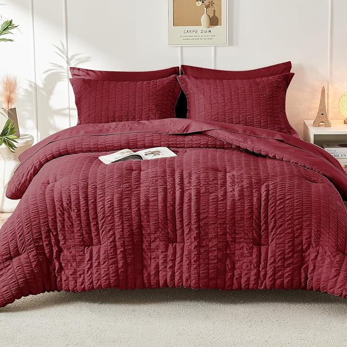 HYMOKEGE Burgundy Queen Comforter Set Seersucker 7 Pieces, All Season Luxury - Image 9