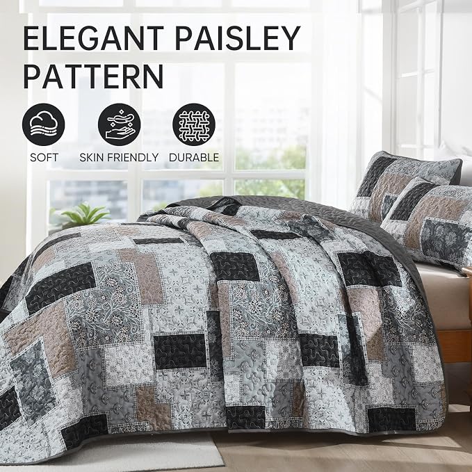 Xruibed Grey Quilt Set King Size 3 Pieces Plaid Floral Boho Bedspread Coverlet - Image 3