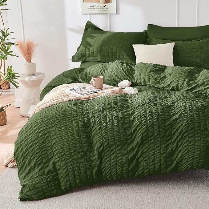 HYMOKEGE Olive Green Twin Comforter Set Seersucker 5 Pieces, All Season Luxury - Image 2