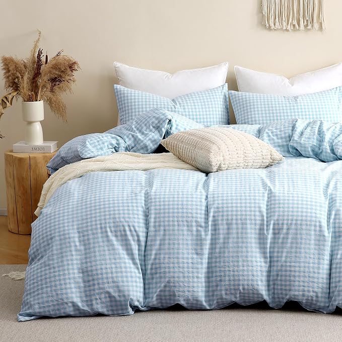 TOCOMOA Light Blue Gingham Duvet Cover Bedding Set 100% Washed Cotton Like by TOCOMOA