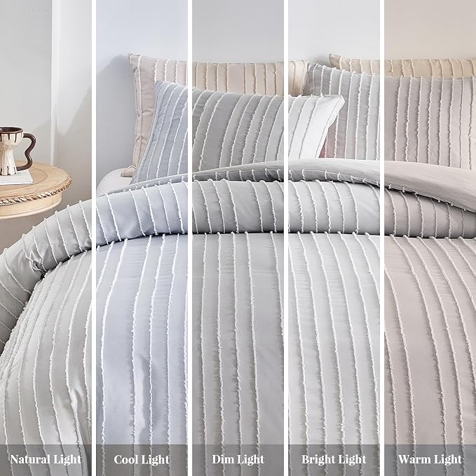 WARMDERN Light Grey Striped Duvet Cover Set, Boho Textured Tufted Bedding - Image 7