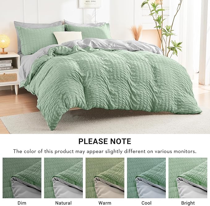 HYMOKEGE Sage Green/Light Grey Twin Comforter Set Seersucker 5 Pieces, All - Image 5