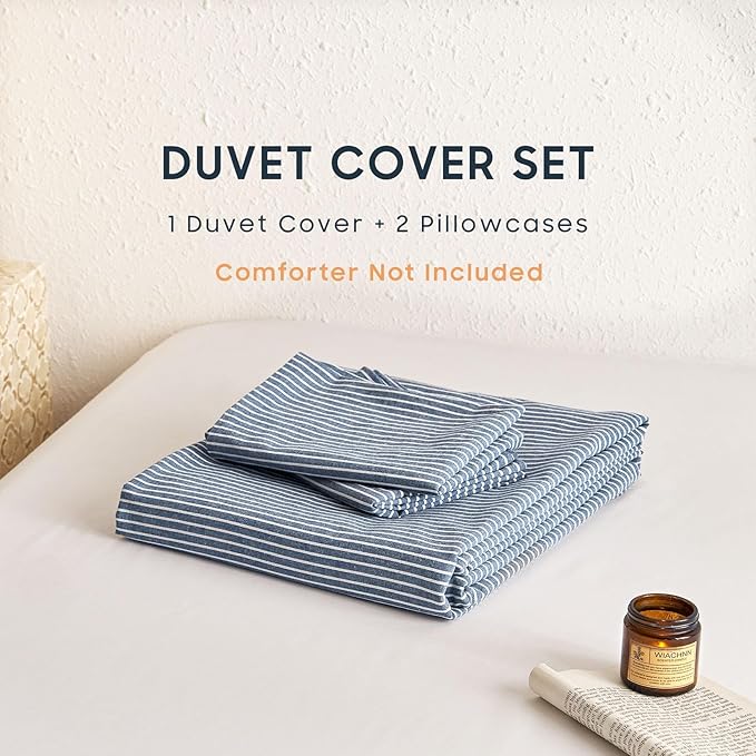 Wake In Cloud - Striped Cotton Duvet Cover Set, 100% Washed Cotton Textured - Image 2