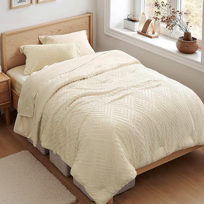 Zzlpp Twin Comforter Set 5 Pieces, Cream Tufted Bed in a Bag by ZZLPP