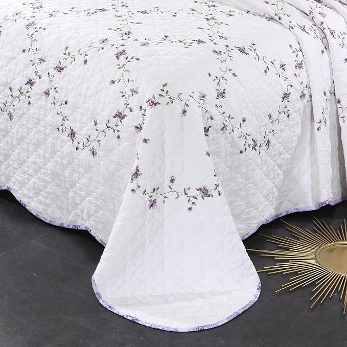 Quilt Set Purple Floral 3D Embroidery Pattern 2 PCS 100% Cotton Reversible - Image 8