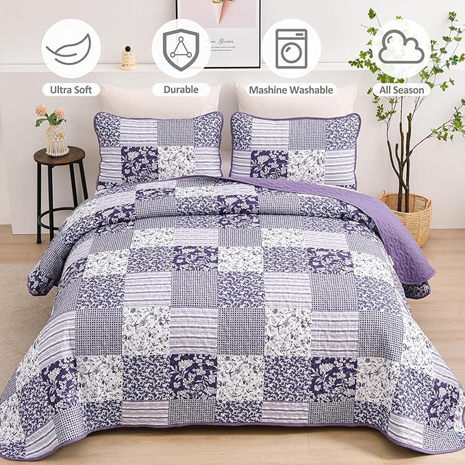 Mybedsoul Purple Quilt Set Twin Size, 2 Pieces Plaid Floral Bedspread Set - Image 6
