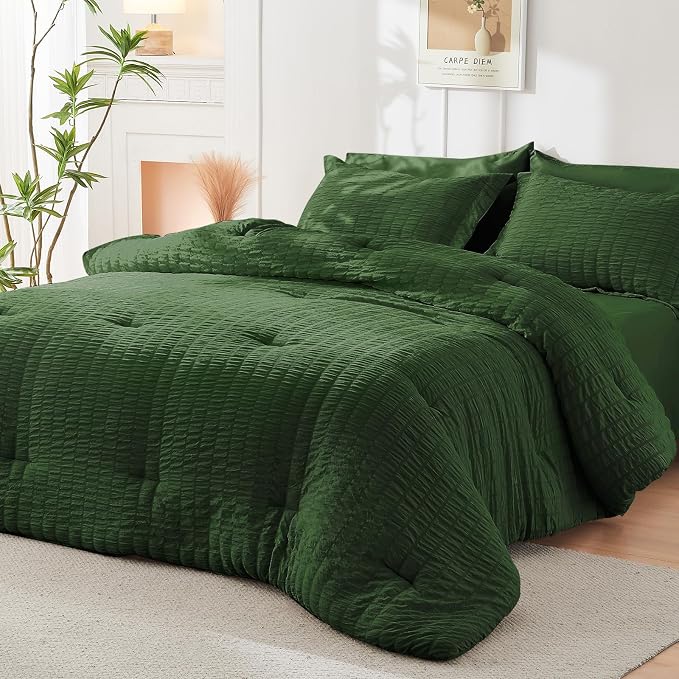 HYMOKEGE Dark Green California King Comforter Set Seersucker 7 Pieces, All - Image 7