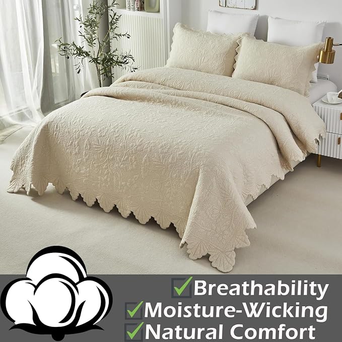 Brandream Queen Size Quilt Set Cotton Beige Quilts Luxury Farmhouse Bedding Set - Image 3