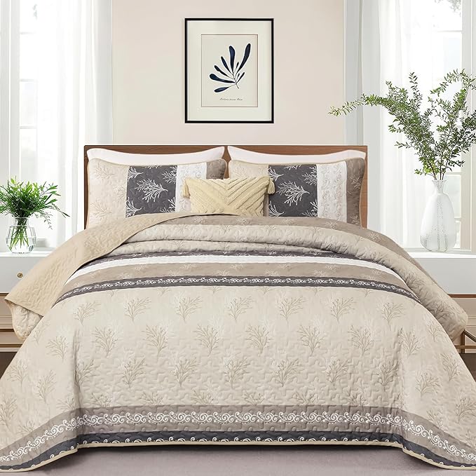 DJY Beige Quilt Set King Size Striped Bedspread Coverlet Set 3 Pieces Boho - Image 2