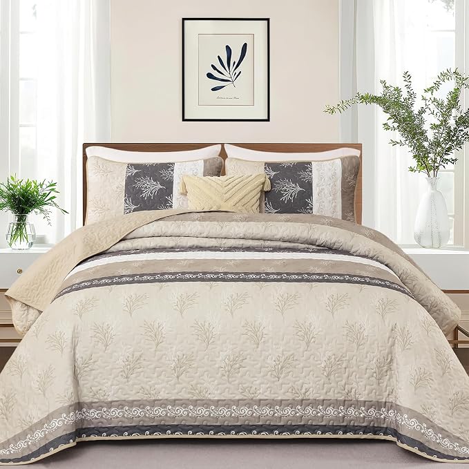 DJY Beige Quilt Set Queen Size Striped Bedspread Coverlet Set 3 Pieces Boho - Image 2