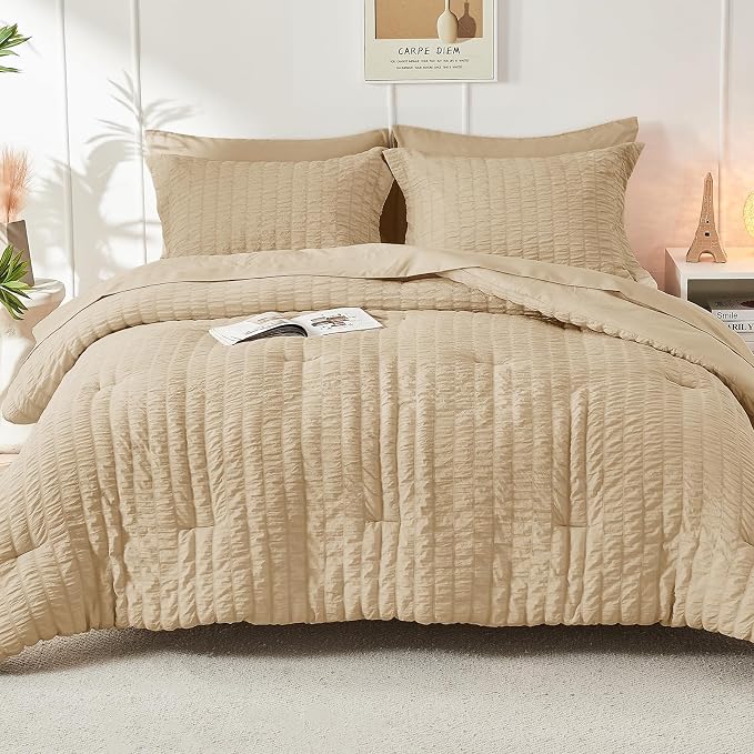 HYMOKEGE Khaki Twin XL Comforter Set Seersucker 5 Pieces, All Season Luxury Bed - Image 9