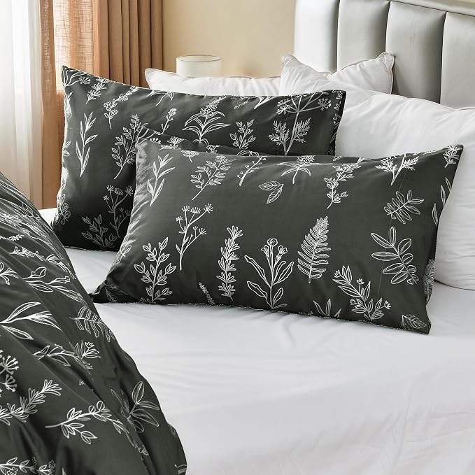 MUXHOMO Duvet Cover Queen Size, Reversible Floral Dark Grey Duvet Cover Set - Image 5