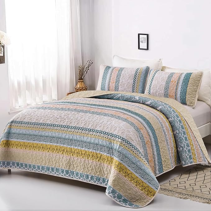 WONGS BEDDING Boho Quilt Set Queen Size, Lightweight Bedspread Coverlet Bedding - Image 2