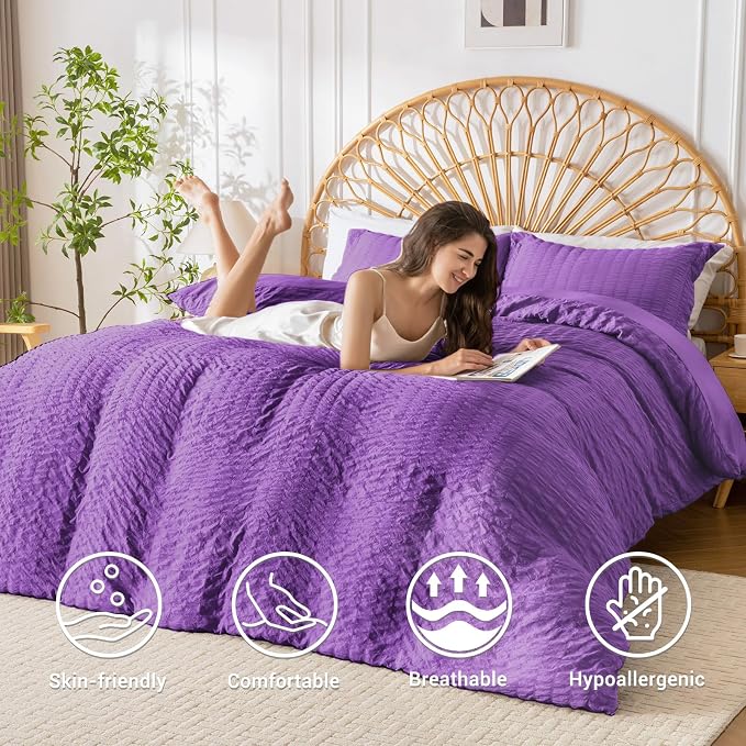 HYMOKEGE Dark Purple Duvet Cover King Size, Ultra Soft 3-Piece Seersucker Duvet - Image 2