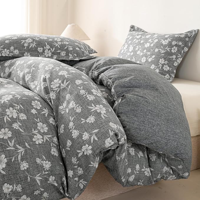 OAITE Grey Flower King Size Duvet Cover-3 Pieces Prewashed Cotton-Like - Image 2