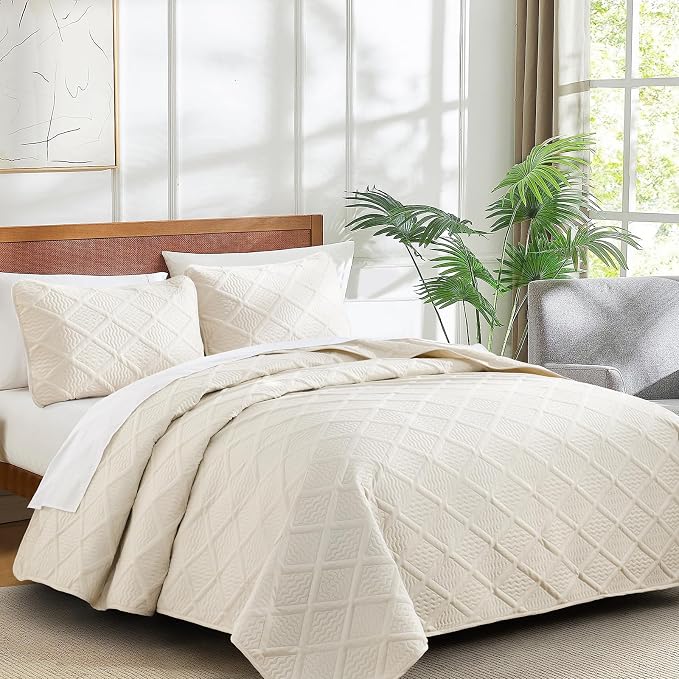Yiran Queen Quilt Set Beige Spring Summer Bedspreads Bedding Set 3 Pieces Thin - Image 3