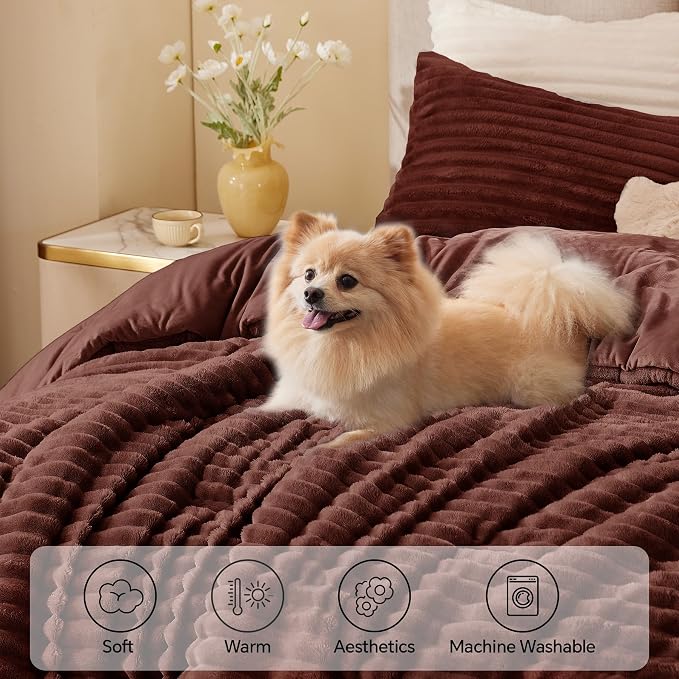 BEDELITE Fleece Queen Comforter Set -Super Soft & Warm Fluffy Hot Chotolate - Image 3
