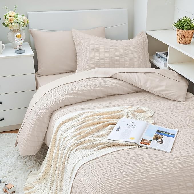 HYMOKEGE Beige Twin XL Comforter Set Seersucker 5 Pieces, All Season Luxury Bed - Image 2