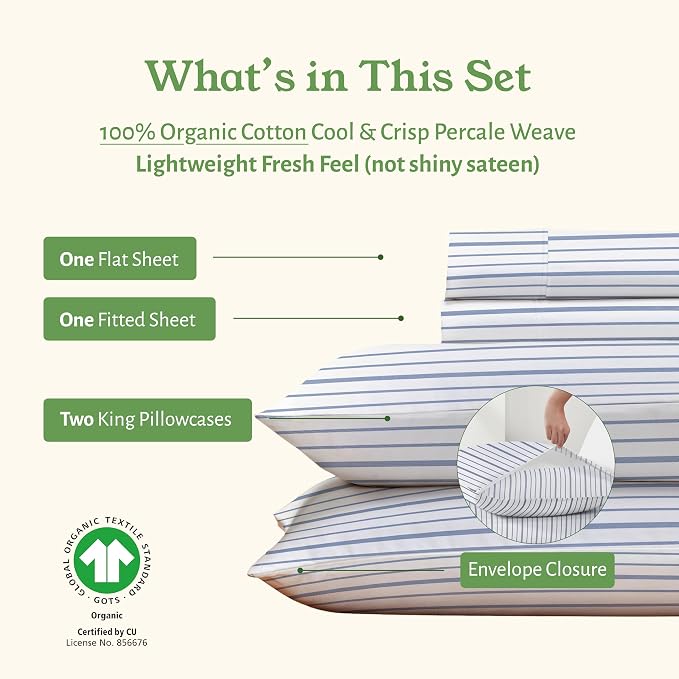 California Design Den King Bed Sheets Stripe, 100% Organic Cotton Percale Sheets - Image 5