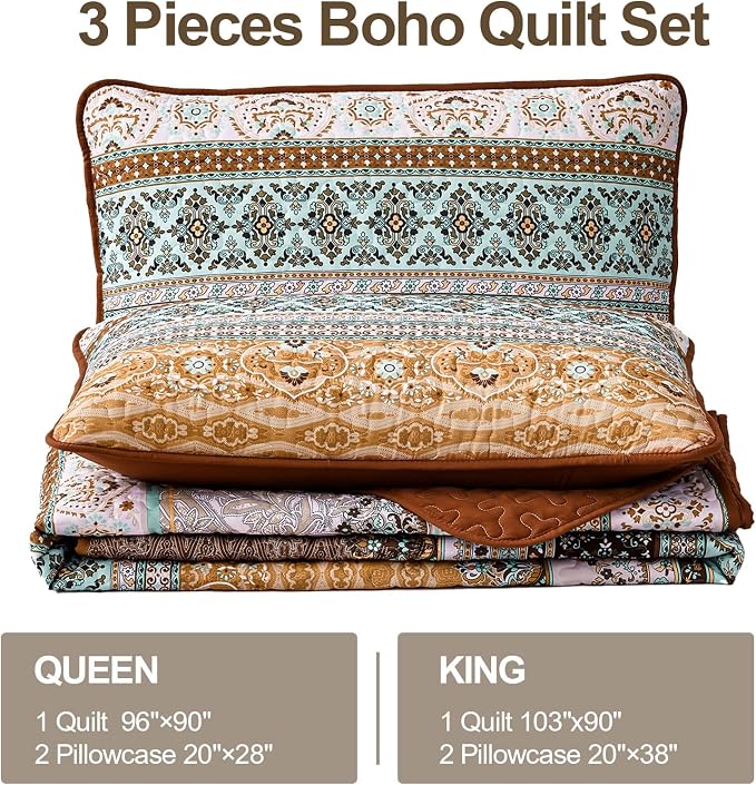 WONGS BEDDING Boho Fall Queen Quilt Set, Lightweight Microfiber Bed Decor - Image 6