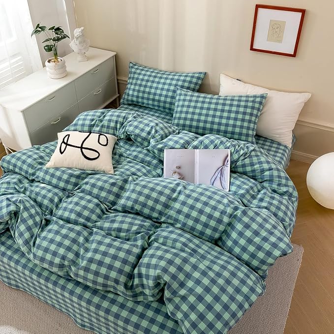 mixinni Green Gingham Grid Duvet Cover Twin, 100% Washed Cotton Modern by mixinni