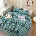 mixinni Green Gingham Grid Duvet Cover Twin, 100% Washed Cotton Modern by mixinni